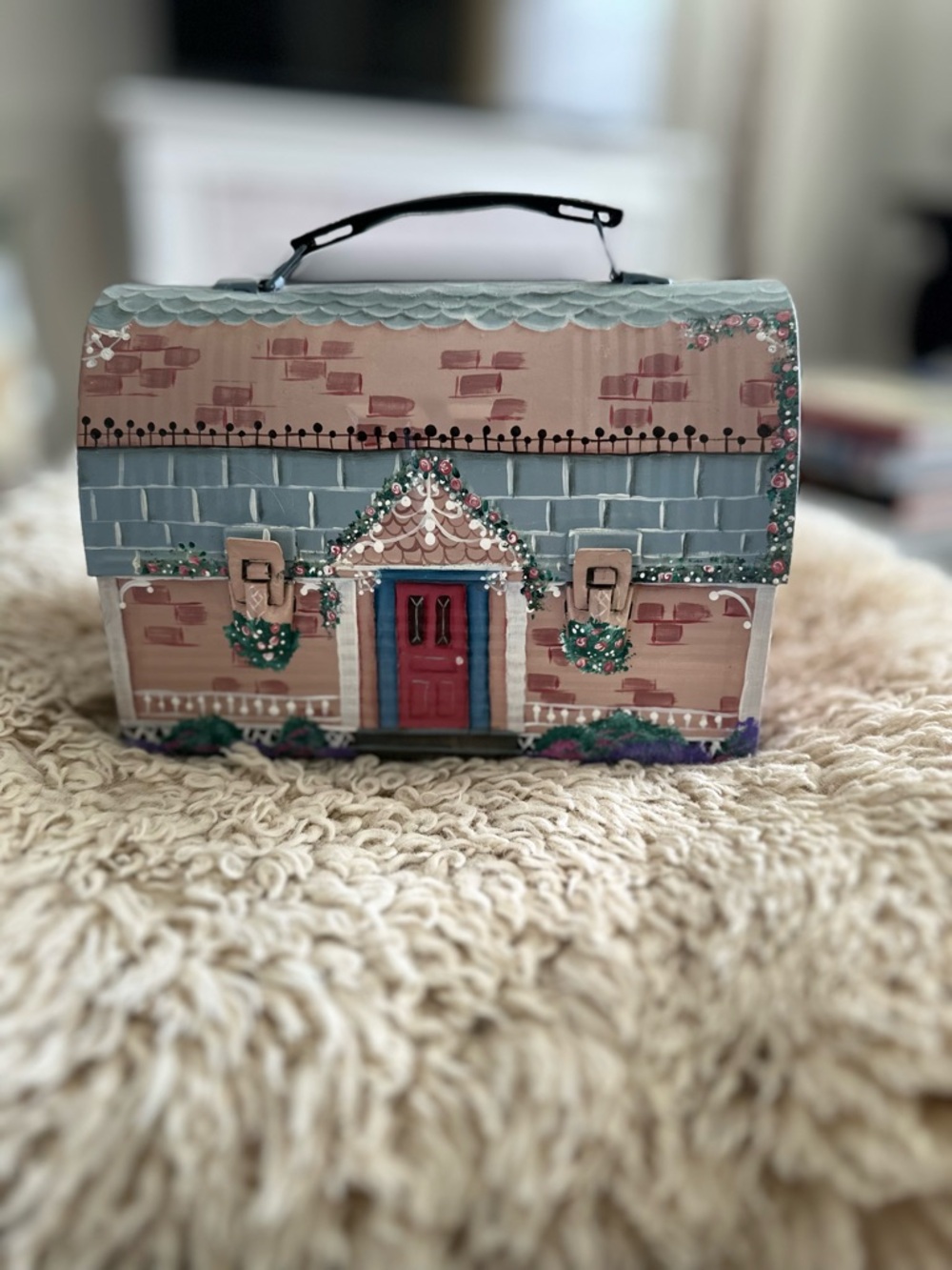 Hand-Painted Cottage Vintage Thermos Lunchbox - Pink & Blue